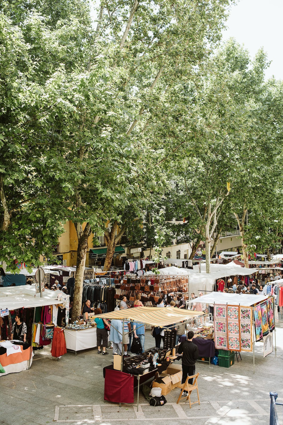 Los puestos del mercado de pulgas debajo de frondosos árboles verdes.
